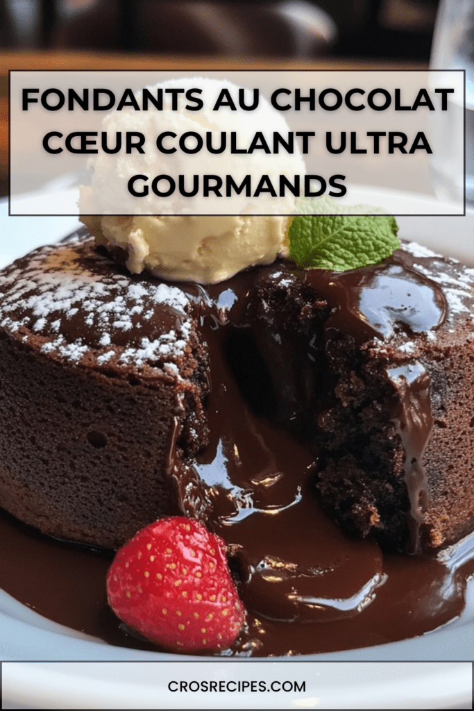 Fondants au chocolat noir avec cœur coulant, servis tièdes dans de petites assiettes avec une boule de glace vanille et quelques fruits rouges.