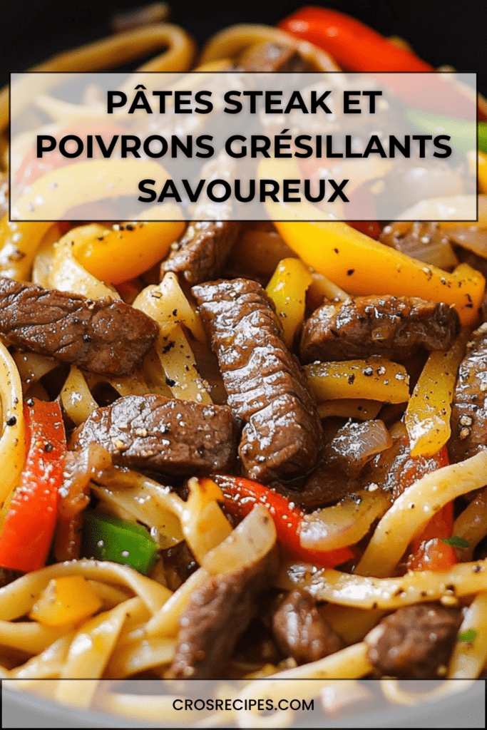 Assiette de pâtes avec lamelles de steak grillées et poivrons colorés, légèrement caramélisés, garnie de persil frais dans une poêle chaude.