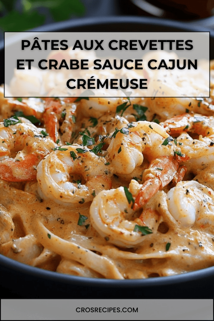 Assiette de pâtes aux crevettes et chair de crabe crémeuses, nappées de sauce cajun épicée, garnies de persil frais et parmesan râpé.
