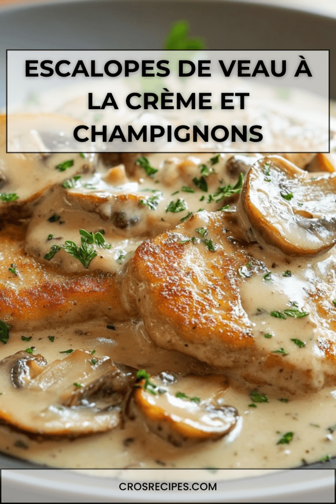 Escalopes de veau nappées de sauce crémeuse aux champignons, servies dans une poêle avec une texture fondante et une présentation élégante.