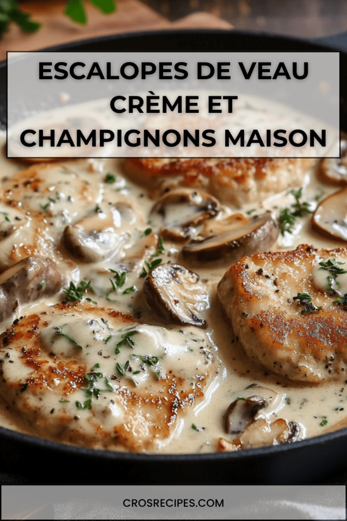 Deux escalopes de veau nappées d’une sauce à la crème onctueuse avec champignons de Paris dorés, servies chaudes dans une assiette blanche avec persil frais.