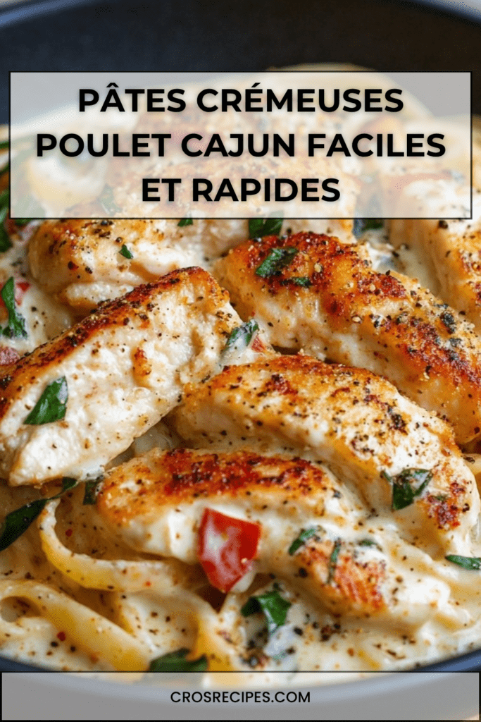 Assiette de pâtes crémeuses au poulet cajun avec poivrons rouges, sauce onctueuse et morceaux de poulet dorés, décorée de persil frais.