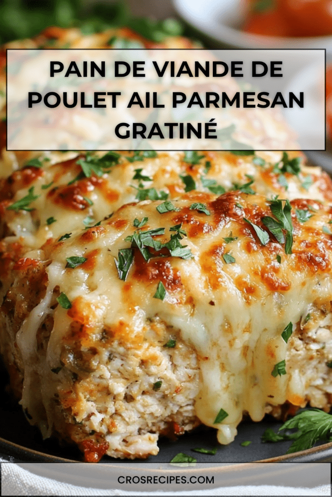 Pain de viande de poulet doré au four, recouvert de fromage gratiné fondant, tranché et servi chaud avec persil frais.