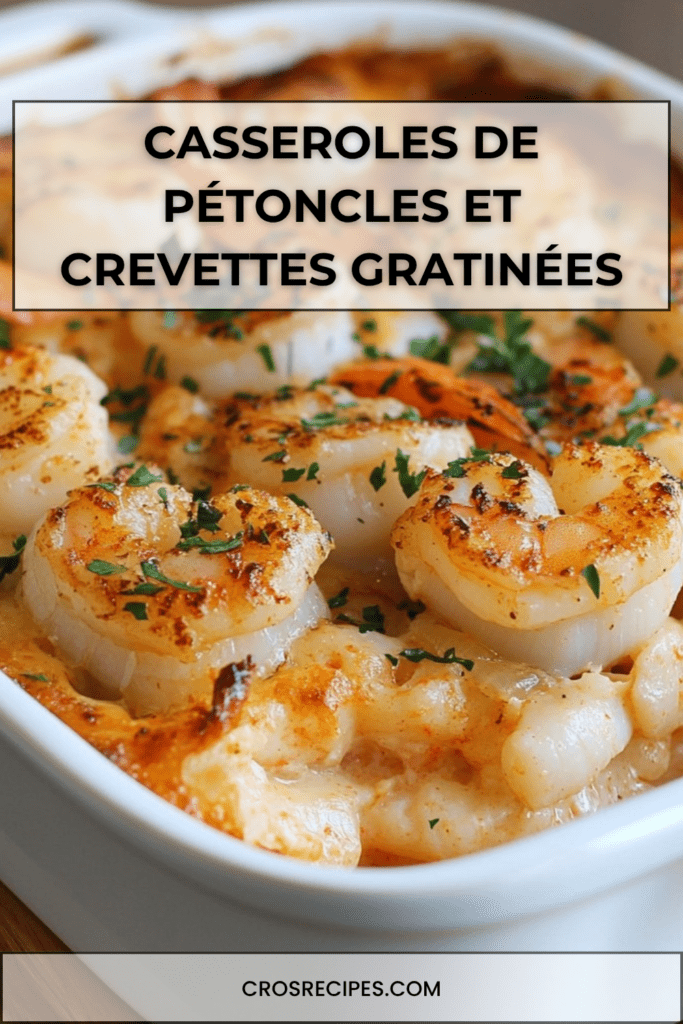 Casseroles individuelles de pétoncles et crevettes nappées d’une sauce crémeuse, gratinées au fromage doré et servies chaudes avec persil frais.