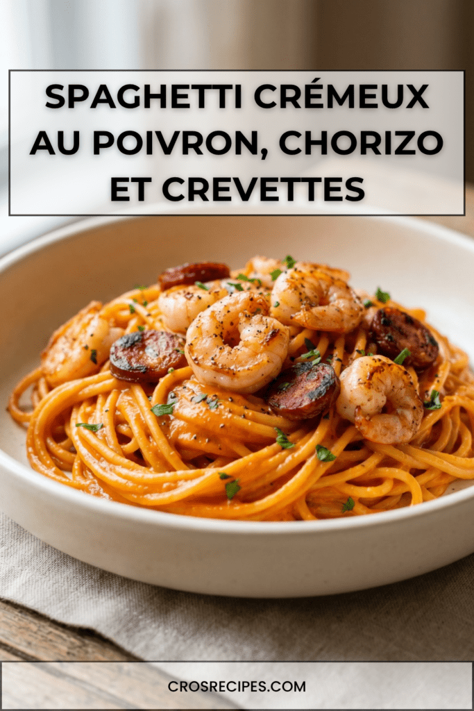 Assiette de spaghetti enrobés d’une sauce crémeuse au poivron rouge, garnis de crevettes dorées, de rondelles de chorizo et de persil frais, servis bien chauds.