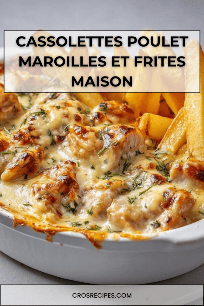 Cassolettes de poulet nappé d’une sauce crémeuse au maroilles, servies avec des frites maison dorées et croustillantes, décorées de persil frais.