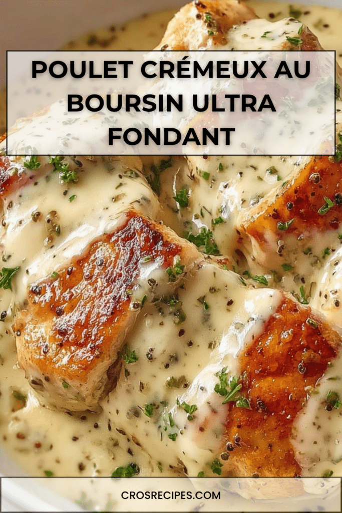 Filets de poulet dorés nappés d’une sauce crémeuse au Boursin ail et fines herbes, parsemés de persil frais et servis bien chauds.