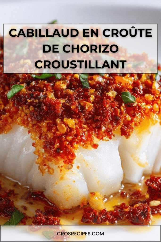 Dos de cabillaud en croûte recouvert d’une croûte de chorizo croustillante, dorée au four, accompagné de persil frais et servi chaud.