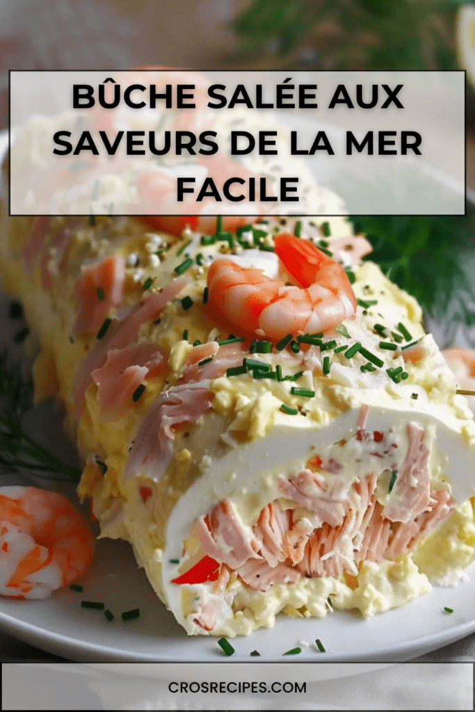 Bûche salée au saumon fumé et crevettes, garnie d’une mousse légère au fromage frais, décorée de ciboulette et servie bien fraîche.