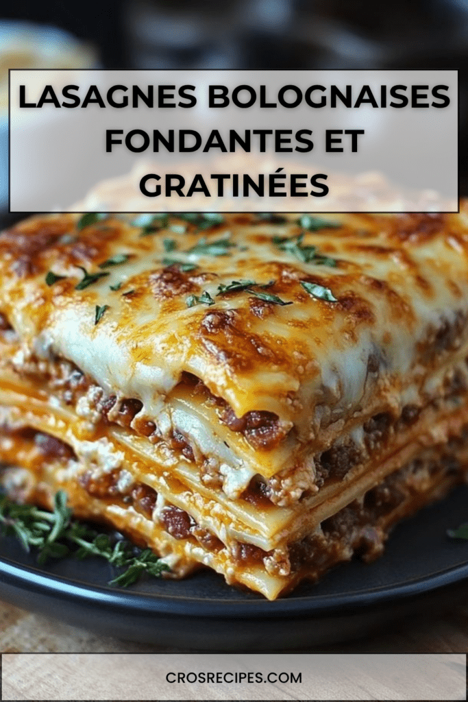 Plat de lasagnes bolognaises maison, bien gratinées au fromage, avec des couches fondantes de sauce tomate, viande hachée et béchamel.