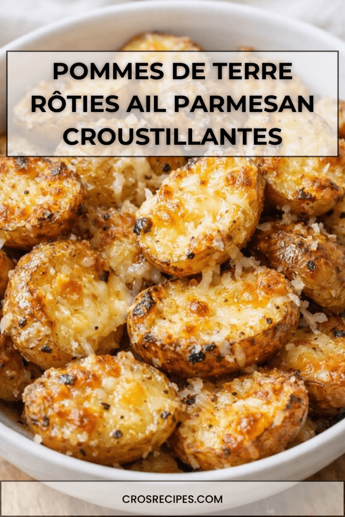Pommes de terre rôties au four avec ail et parmesan, croustillantes et dorées, disposées sur une plaque avec herbes et épices.