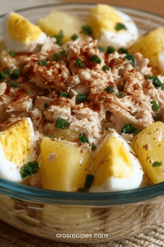 Salade de pommes de terre au thon et œufs, servie dans un grand saladier avec quartiers d’œufs, herbes fraîches et sauce crémeuse à la moutarde et au citron