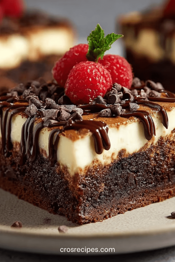 Brownie cheesecake au chocolat fondant coupé en carrés, avec une base brownie dense et une couche cheesecake marbrée, servi sur une assiette dessert