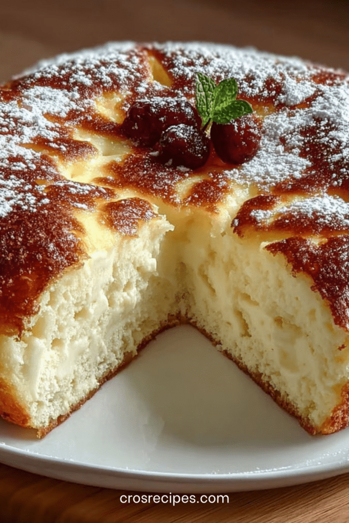 Gâteau au yaourt grec moelleux et doré, tranché sur une assiette avec une texture aérienne et fondante, légèrement saupoudré de sucre