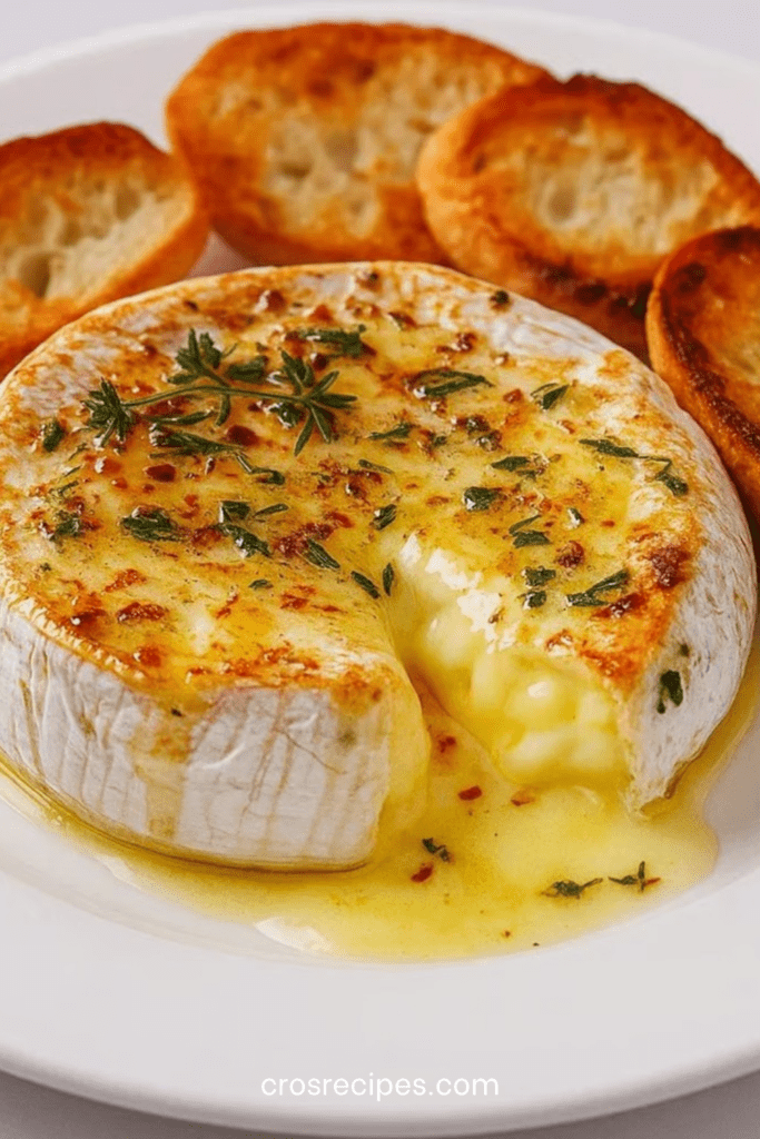 Camembert entier fondu au four avec thym et miel, servi dans sa boîte en bois avec morceaux de pain grillé pour tremper