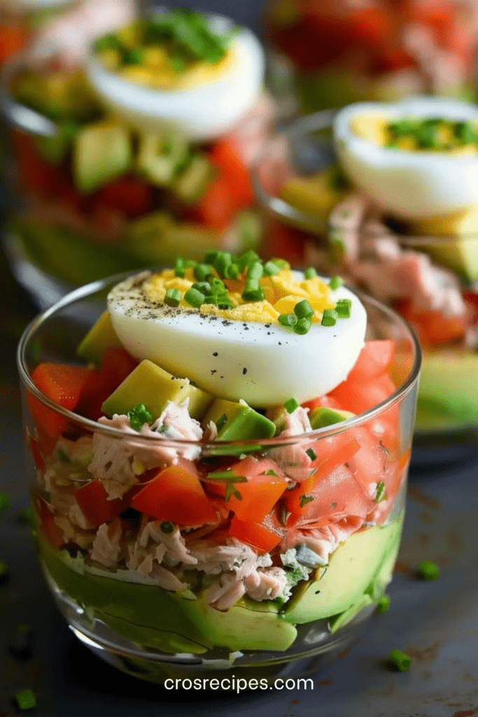 Verrines thon avocat en couches avec avocat écrasé, thon crémeux, dés de tomate et demi-œuf, décorées de ciboulette fraîche