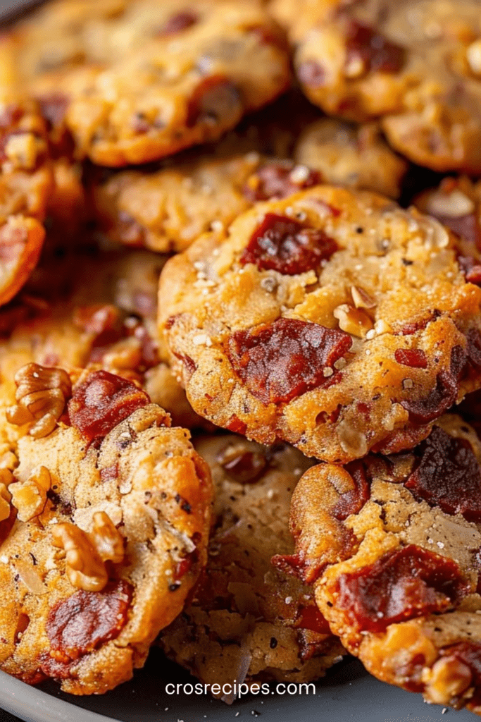 Cookies salés au parmesan chorizo et noix, dorés et croustillants, servis sur une planche avec morceaux visibles de chorizo et éclats de noix