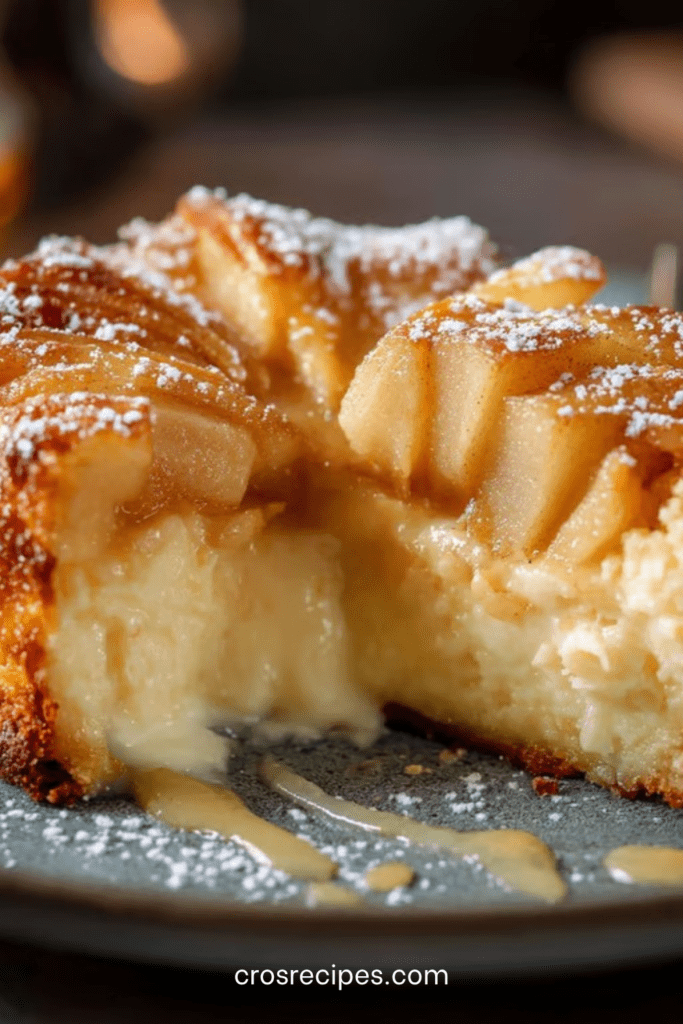 Gâteau fondant pommes et mascarpone, tranché avec une texture moelleuse et des lamelles de pommes visibles, servi sur une assiette dessert