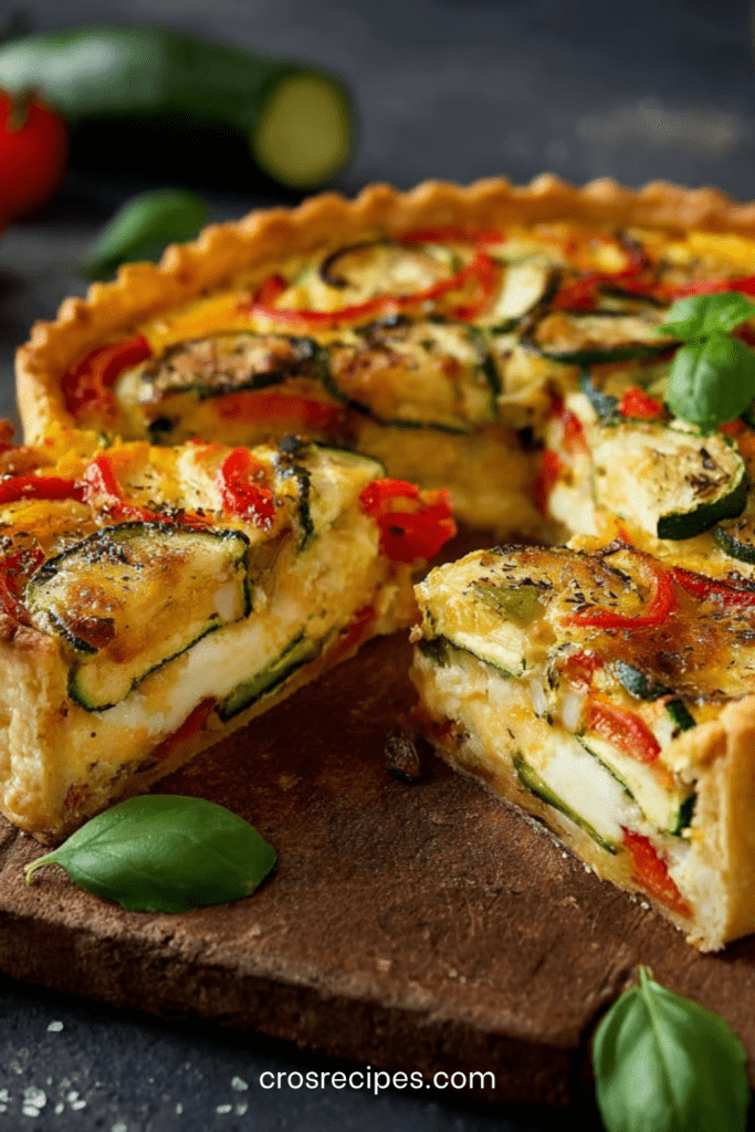 Tarte aux légumes courgettes et poivrons dorée au four, avec une garniture colorée et une pâte croustillante, servie en parts