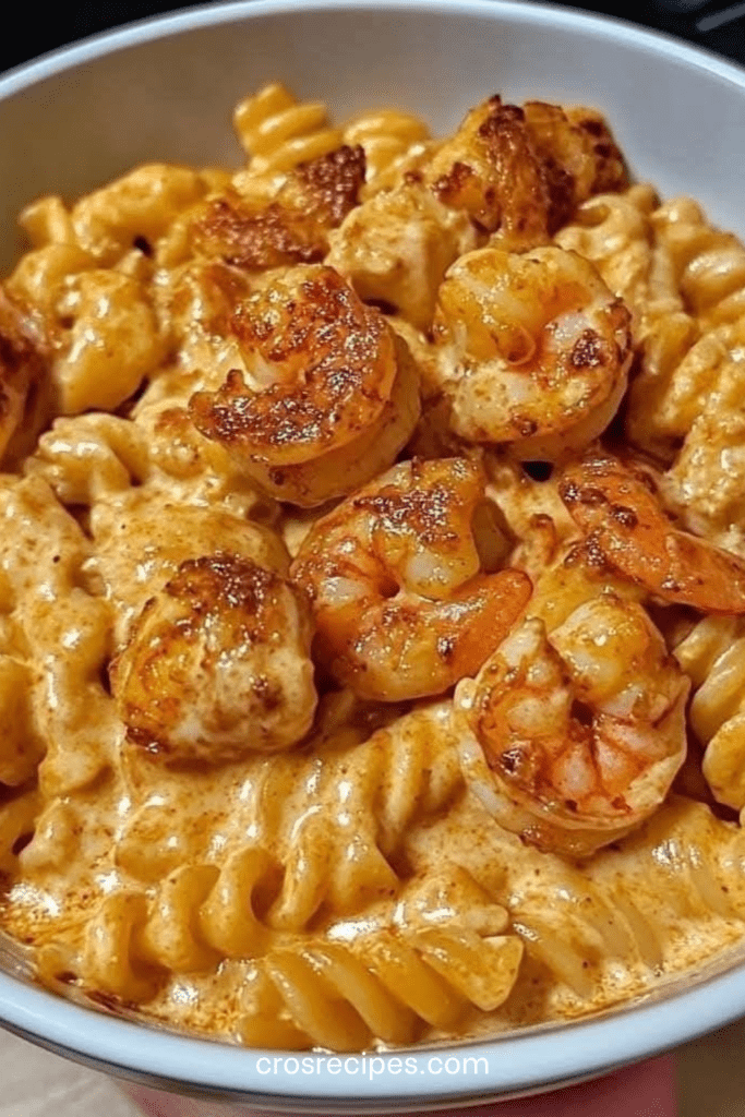 Assiette de pâtes crémeuses aux crevettes et au poulet, nappées d’une sauce épicée onctueuse, servies bien chaudes avec fromage fondu et assaisonnement doré.