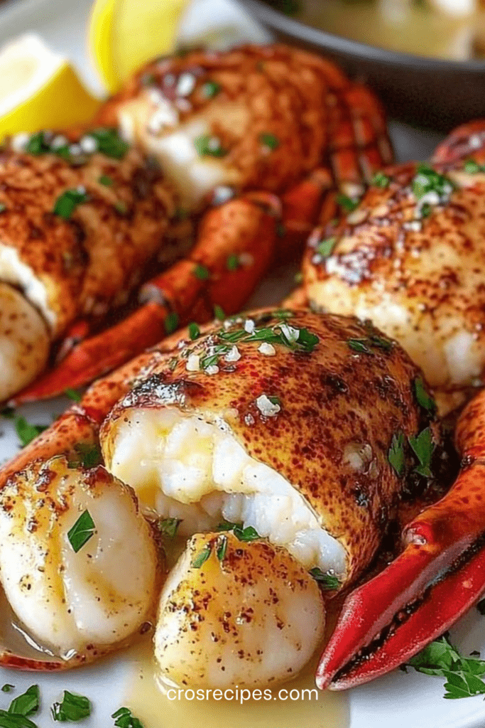 Assiette de queues de langouste et noix de Saint-Jacques dorées nappées de beurre citronné, garnies de persil frais et servies élégamment.