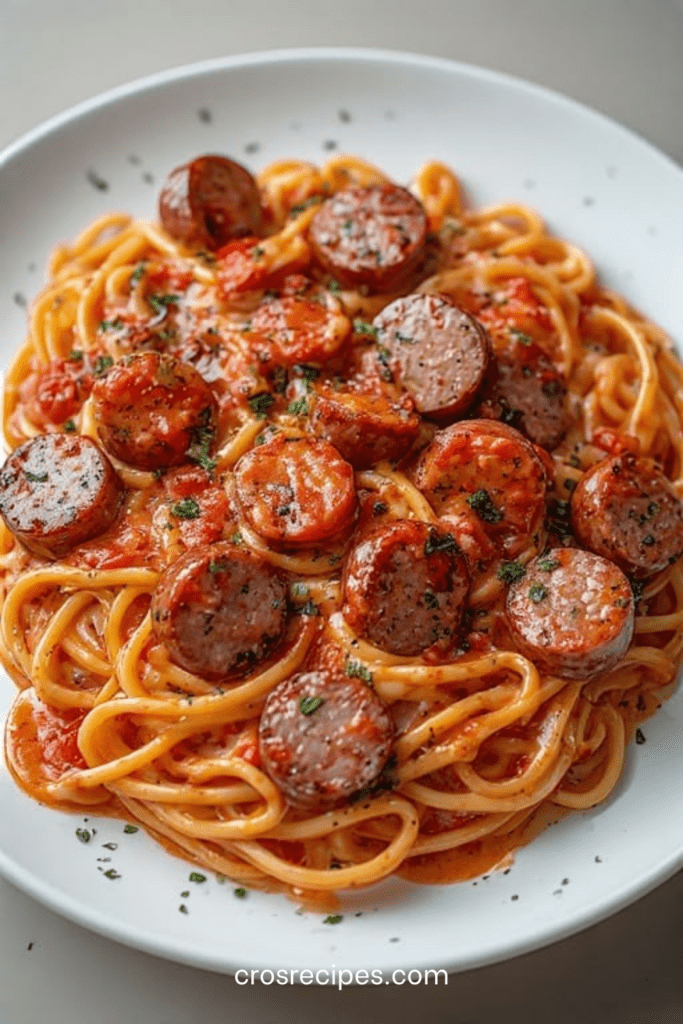 Assiette de spaghetti aux saucisses dorées nappées d’une sauce tomate crémeuse, garnies de parmesan râpé et de persil frais.