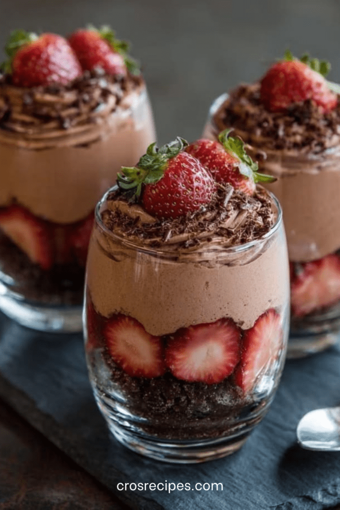 Verrines de mousse au chocolat garnies de fraises fraîches et base biscuitée croquante, décorées de copeaux de chocolat.