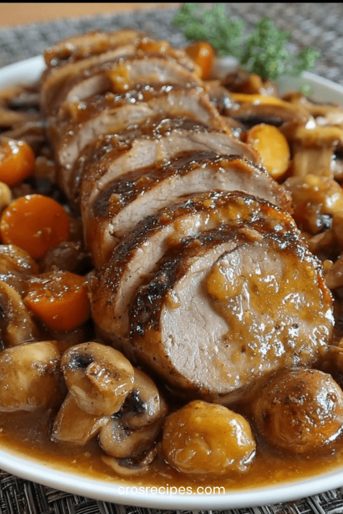 Filet mignon de porc tranché nappé de sauce brune avec champignons fondants et carottes, servi chaud avec persil frais.