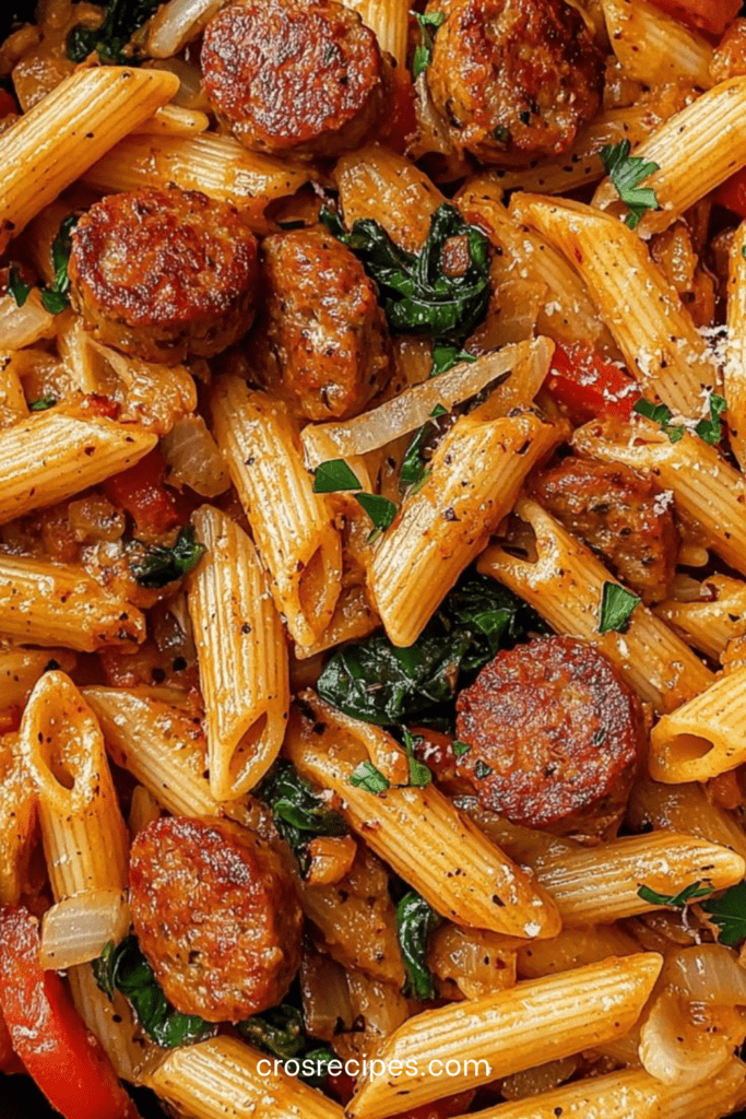 Assiette de pâtes crémeuses cajun à la saucisse fumée, préparées en one pot avec poivron, parmesan et persil frais, servies bien chaudes