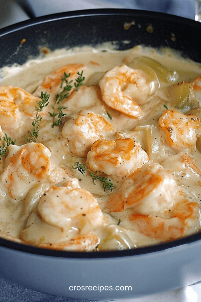 Assiette de blanquette de Saint-Jacques et crevettes dans une sauce crémeuse légère, servie chaude avec herbes fraîches et accompagnement raffiné