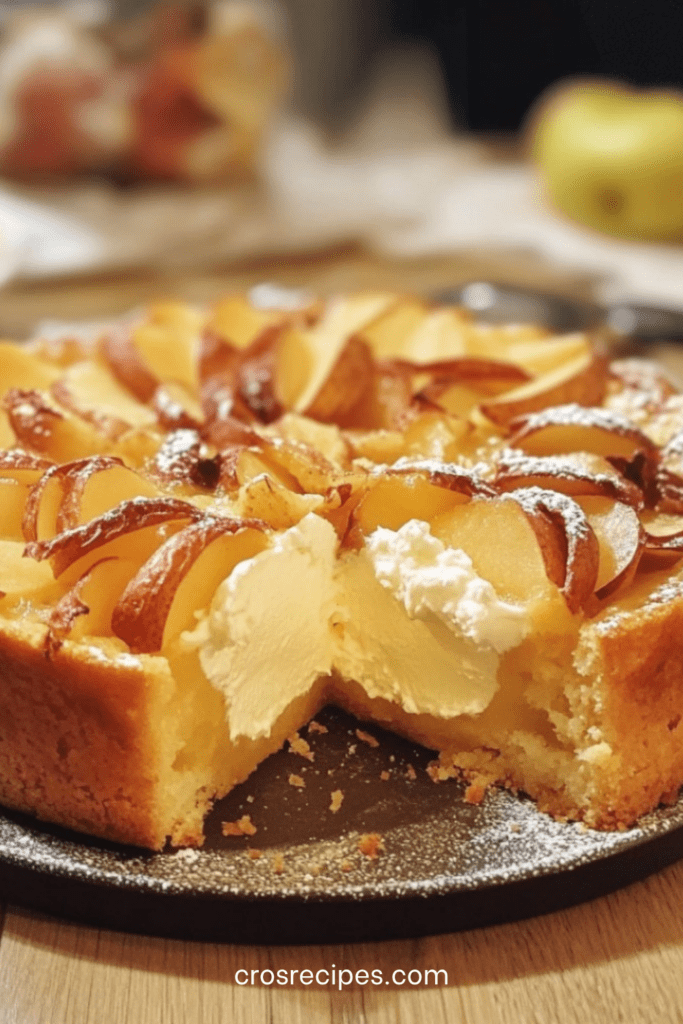 Fondant aux pommes et mascarpone moelleux avec lamelles de pommes dorées, texture fondante et saupoudré de sucre glace