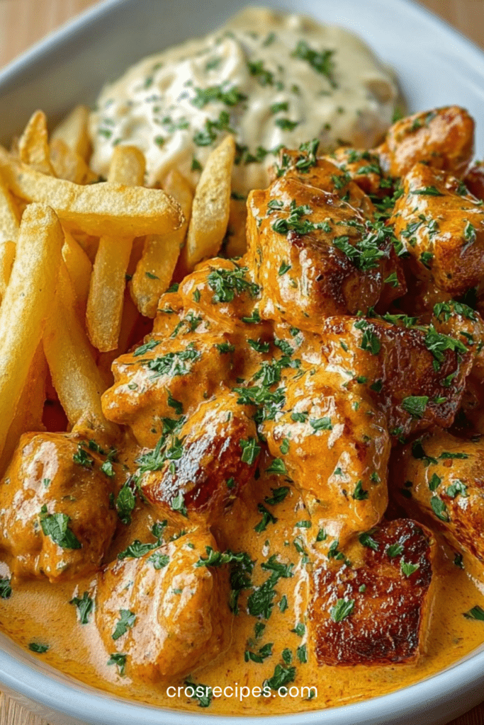 Bouchées de poulet dorées au beurre avec sauce crémeuse nappée et frites croustillantes dorées servies chaudes
