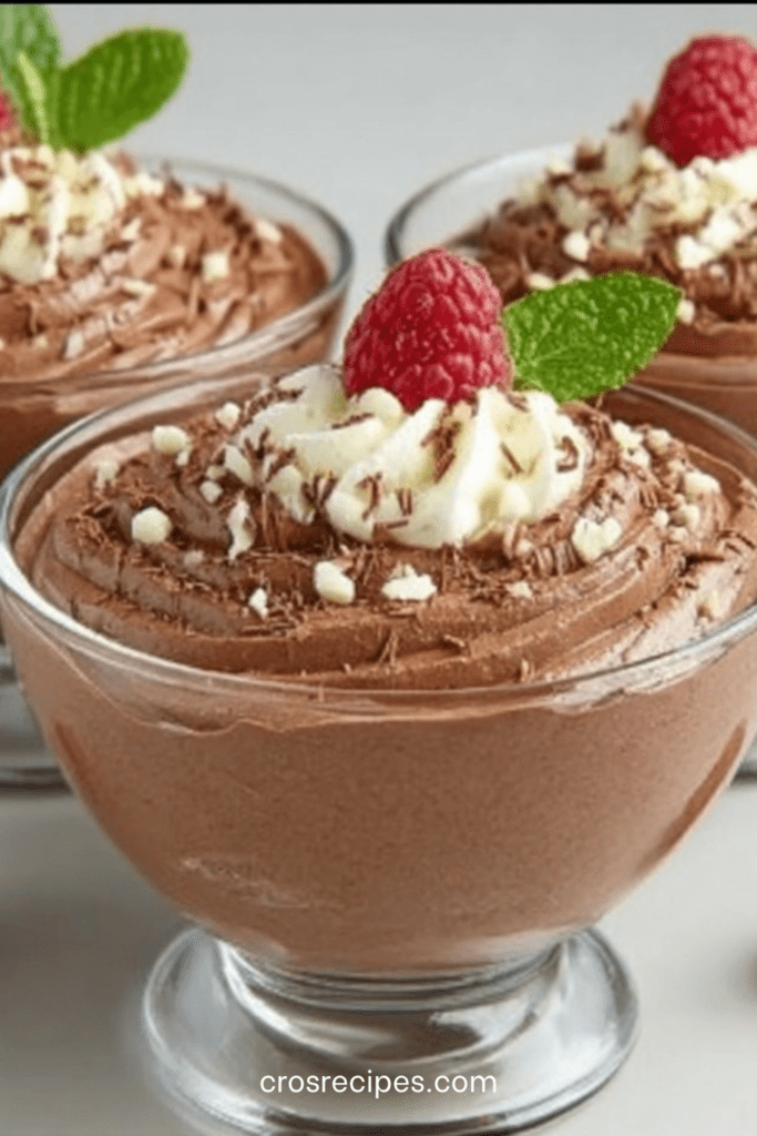 Verrines de mousse mascarpone au chocolat onctueuse avec copeaux de chocolat et framboises fraîches sur le dessus