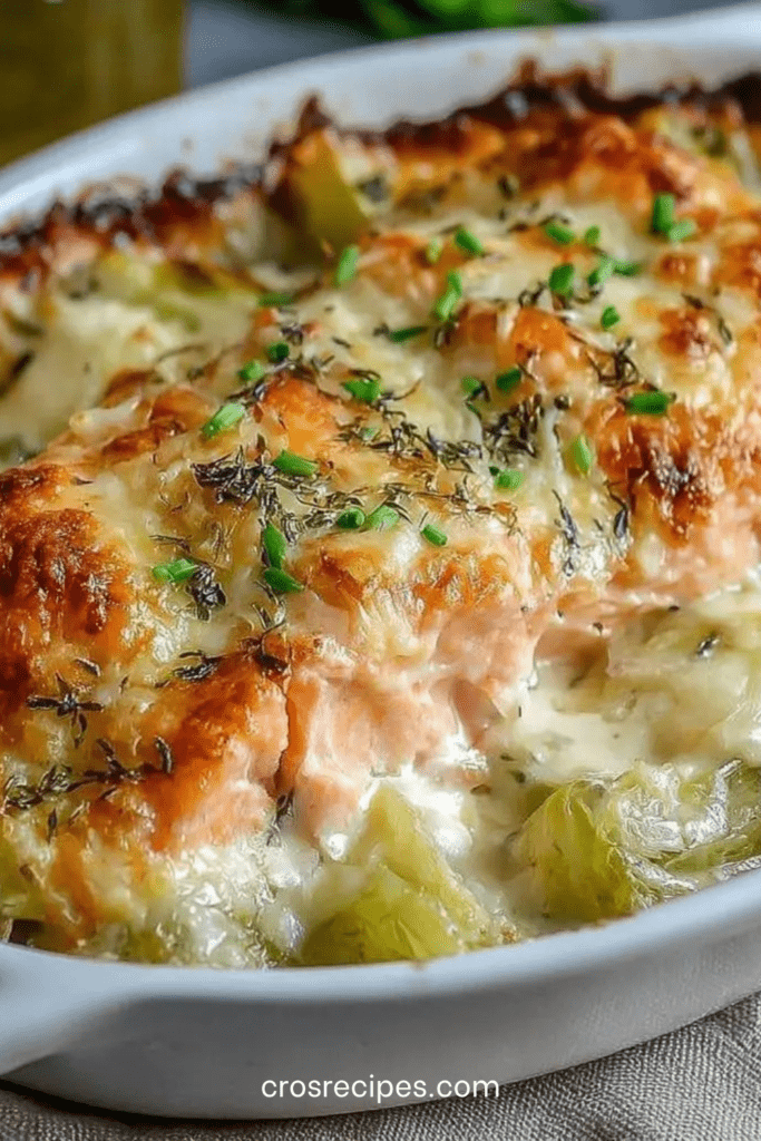 Cassolette de saumon et poireaux gratinés servie chaude, avec saumon fondant, poireaux crémeux et croûte dorée au fromage sortie du four.