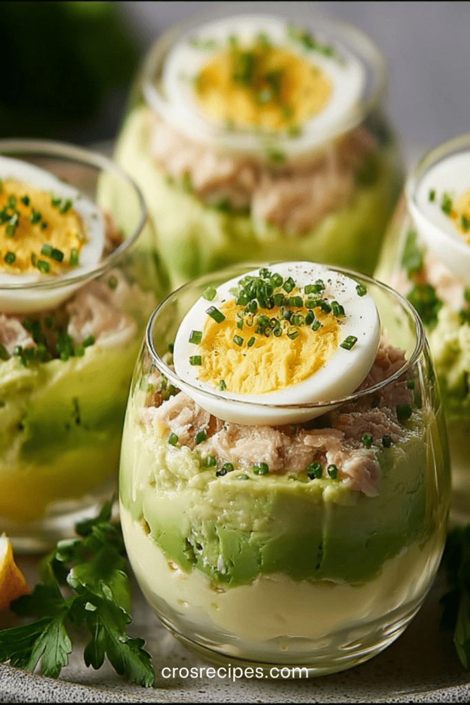 Verrines avocat thon et œufs mimosa dressées en couches, avec avocat crémeux, thon assaisonné et demi-œuf mimosa décoré de ciboulette.