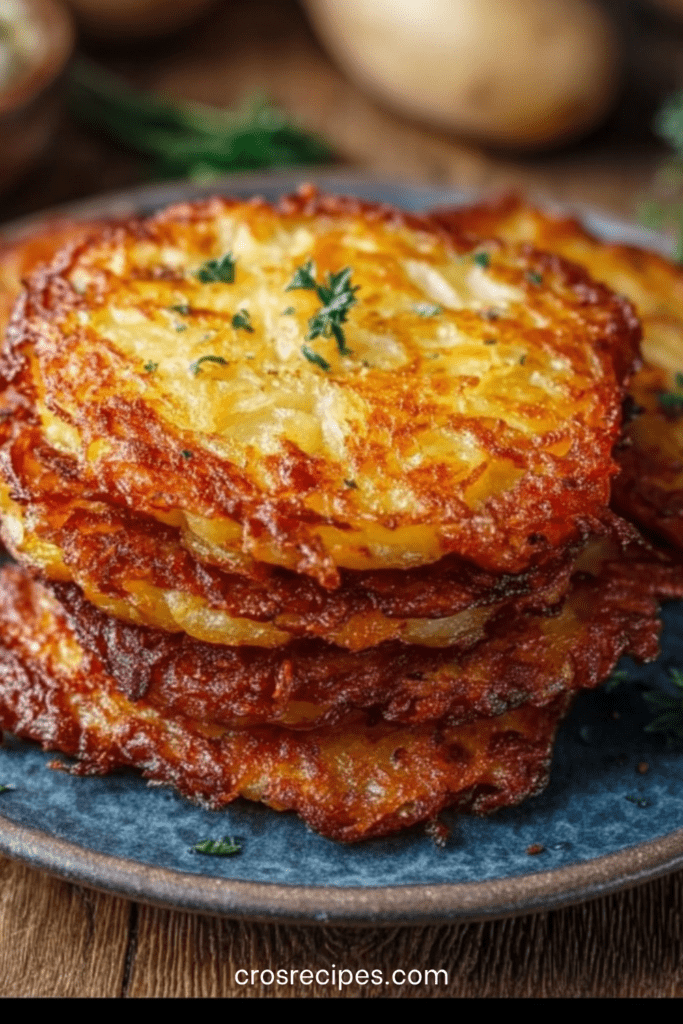 Galettes de pommes de terre dorées et croustillantes à la poêle, avec intérieur fondant et texture rustique servies chaudes.