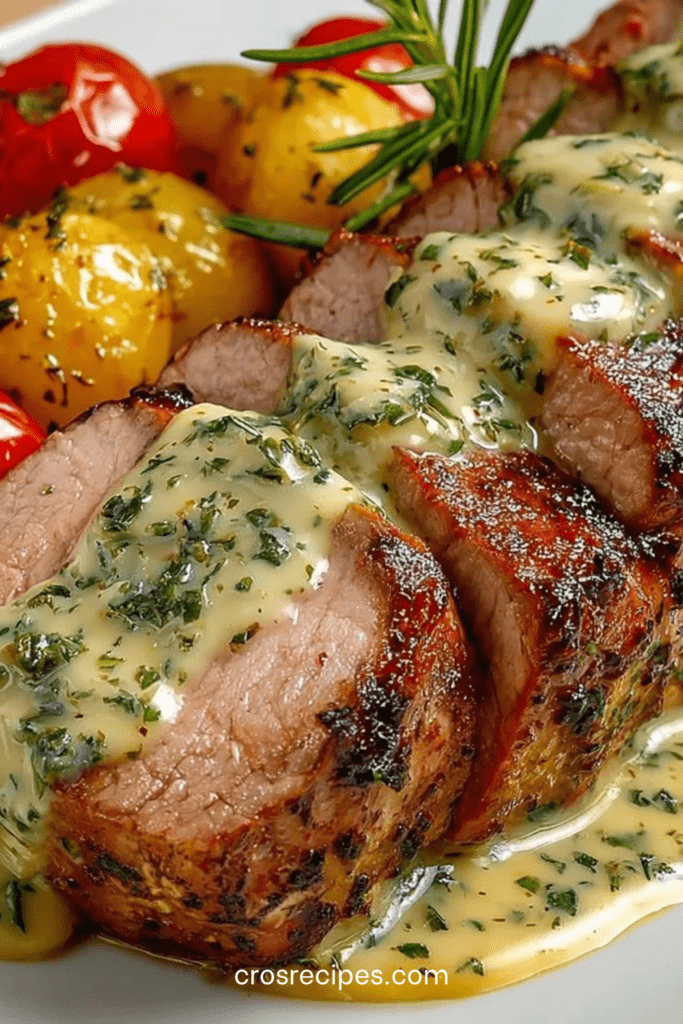 Filet mignon de porc rôti tranché, nappé d’une sauce crémeuse à la moutarde et aux herbes, servi chaud avec une belle coloration dorée.