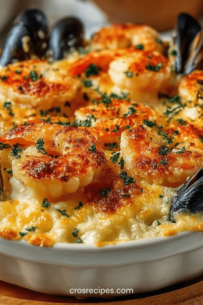 Cassolettes de fruits de mer gratinées au four, avec crevettes, moules et Saint-Jacques nappées de sauce crémeuse et croûte dorée.