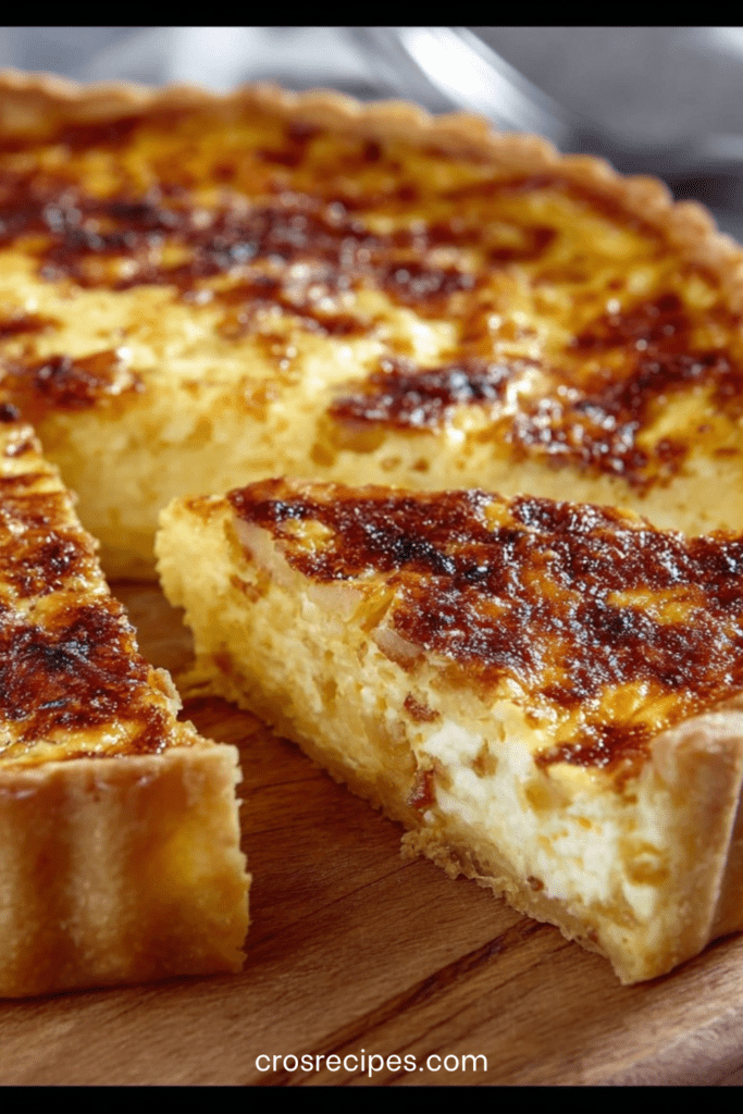 Quiche lorraine traditionnelle dorée, avec pâte croustillante et garniture crémeuse aux œufs et lardons, servie en parts.