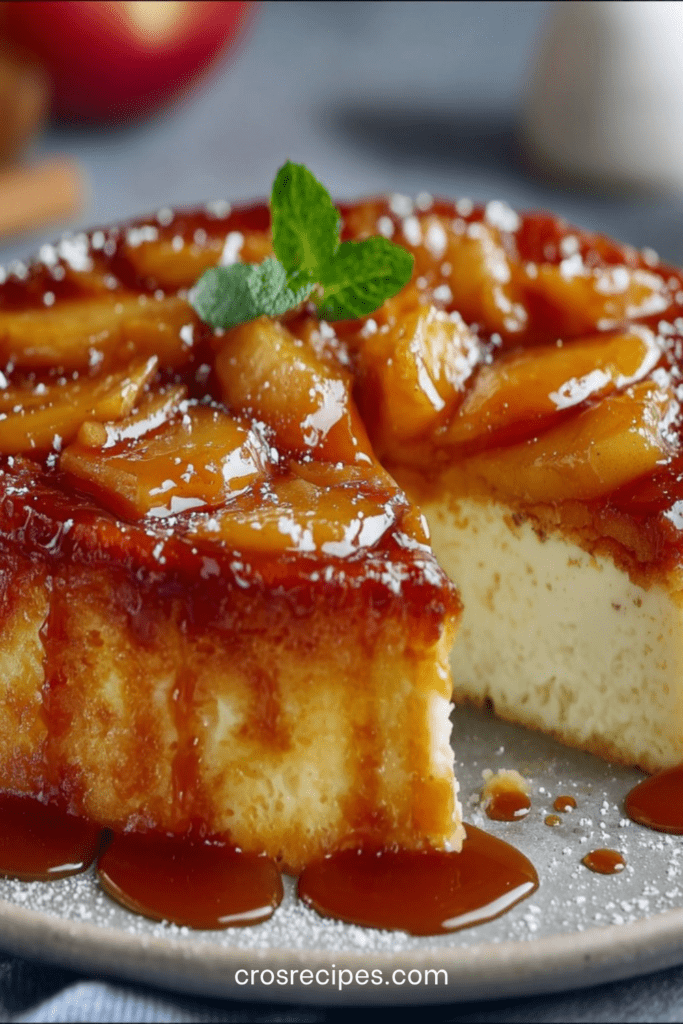 Flan aux pommes et yaourt démoulé avec pommes caramélisées sur le dessus, texture fondante et dorée, servi en parts.