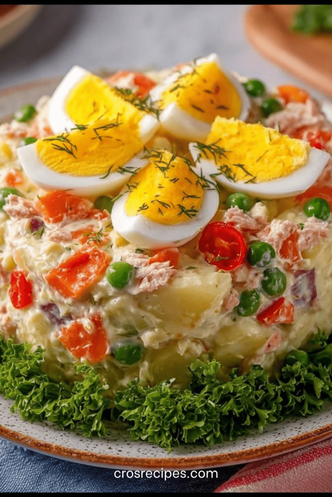 Salade russe crémeuse avec pommes de terre en dés, thon émietté, œufs en quartiers, petits pois et carottes, décorée d’herbes fraîches.
