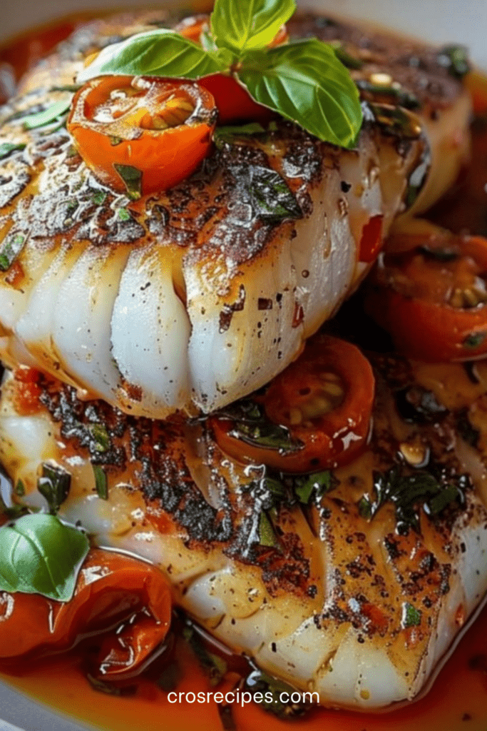 Filets de cabillaud poêlés servis dans une sauce tomate aux tomates cerises, ail, oignon et basilic frais, accompagnés de quartiers de citron.