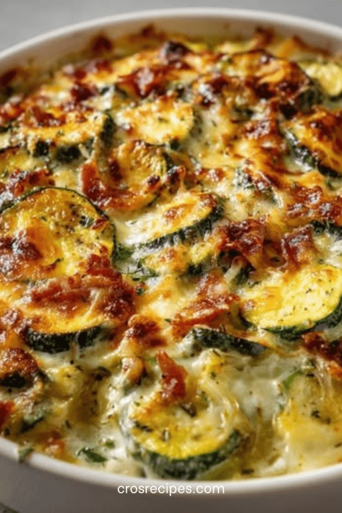Gratin de courgettes aux lardons avec sauce crémeuse et fromage doré au four, servi chaud dans un plat à gratin familial.