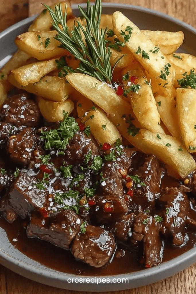 Carbonade flamande de bœuf mijotée à la bière brune avec sauce épaisse, servie avec des frites maison dorées et croustillantes.