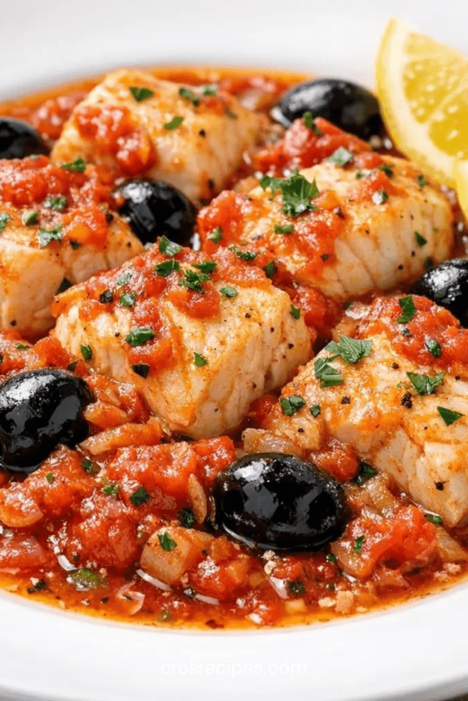 Ragoût de poisson provençal avec filets de poisson blanc mijotés dans une sauce tomate aux olives noires, ail, herbes et persil frais.