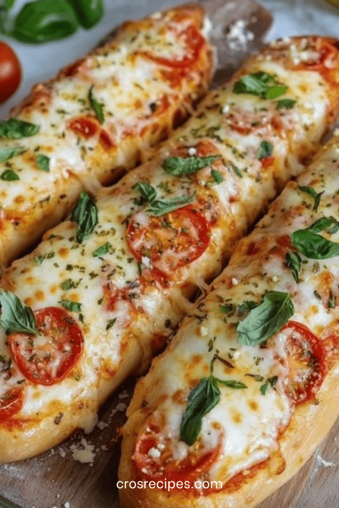 Baguette gratinée façon pizza sortie du four, garnie de sauce tomate, mozzarella fondante, rondelles de tomates fraîches, basilic et origan, servie chaude sur une planche en bois.