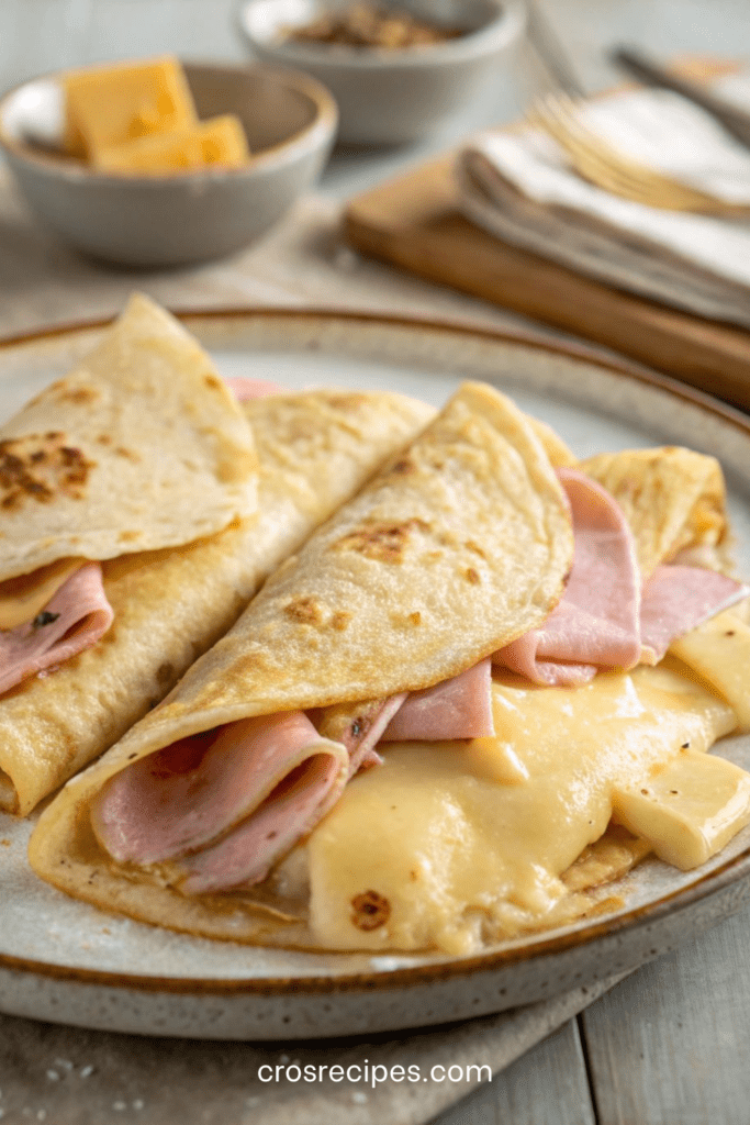 Crêpes salées au jambon et au fromage servies chaudes dans une assiette, garnies de fromage fondant, pliées en triangle, avec une texture dorée et moelleuse.