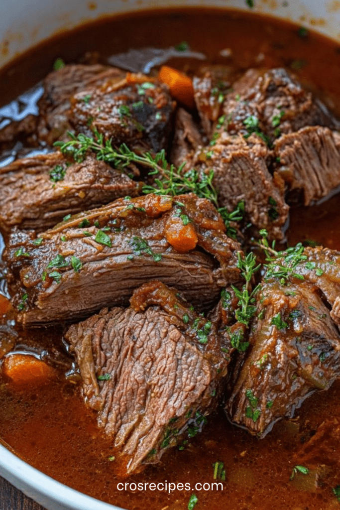 Bœuf braisé à l’italienne servi dans une cocotte, viande fondante nappée de sauce au vin rouge avec carottes, céleri et herbes fraîches.