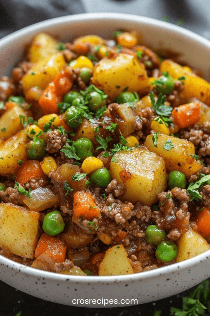 Hachis de bœuf aux légumes servi chaud, avec pommes de terre fondantes, carottes, petits pois et persil frais dans une poêle rustique.