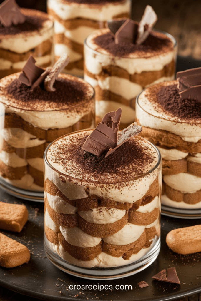 Verrines de tiramisu aux spéculoos avec crème mascarpone onctueuse, biscuits imbibés de café, cacao en poudre et copeaux de chocolat.